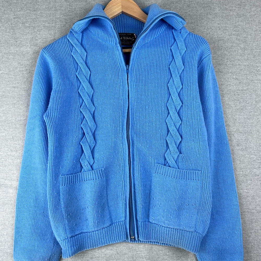 Vintage Brad Whitney Mens Blue Full Zip‎ Cable Knit Cardigan Sweater Large 70s